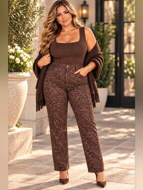Terra & Sky Plus Size 26W Brown Animal Print High Rise Straight Leg Jeans NWT